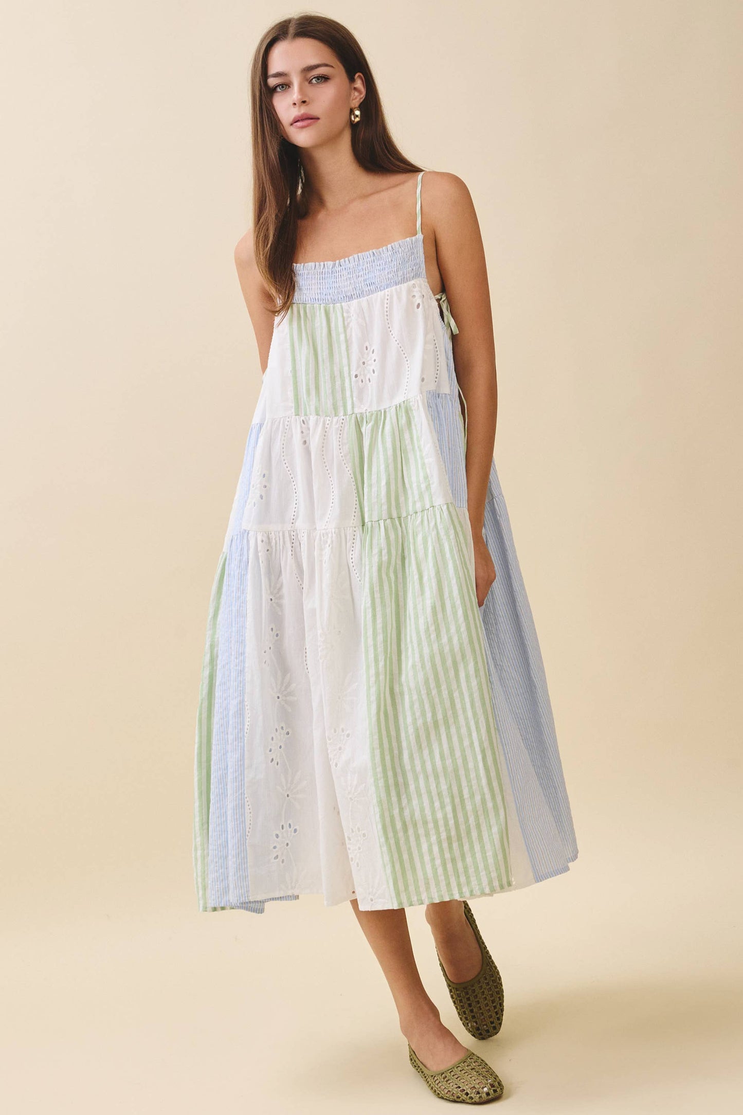 Blue Patchwork Tiered Midi Dress