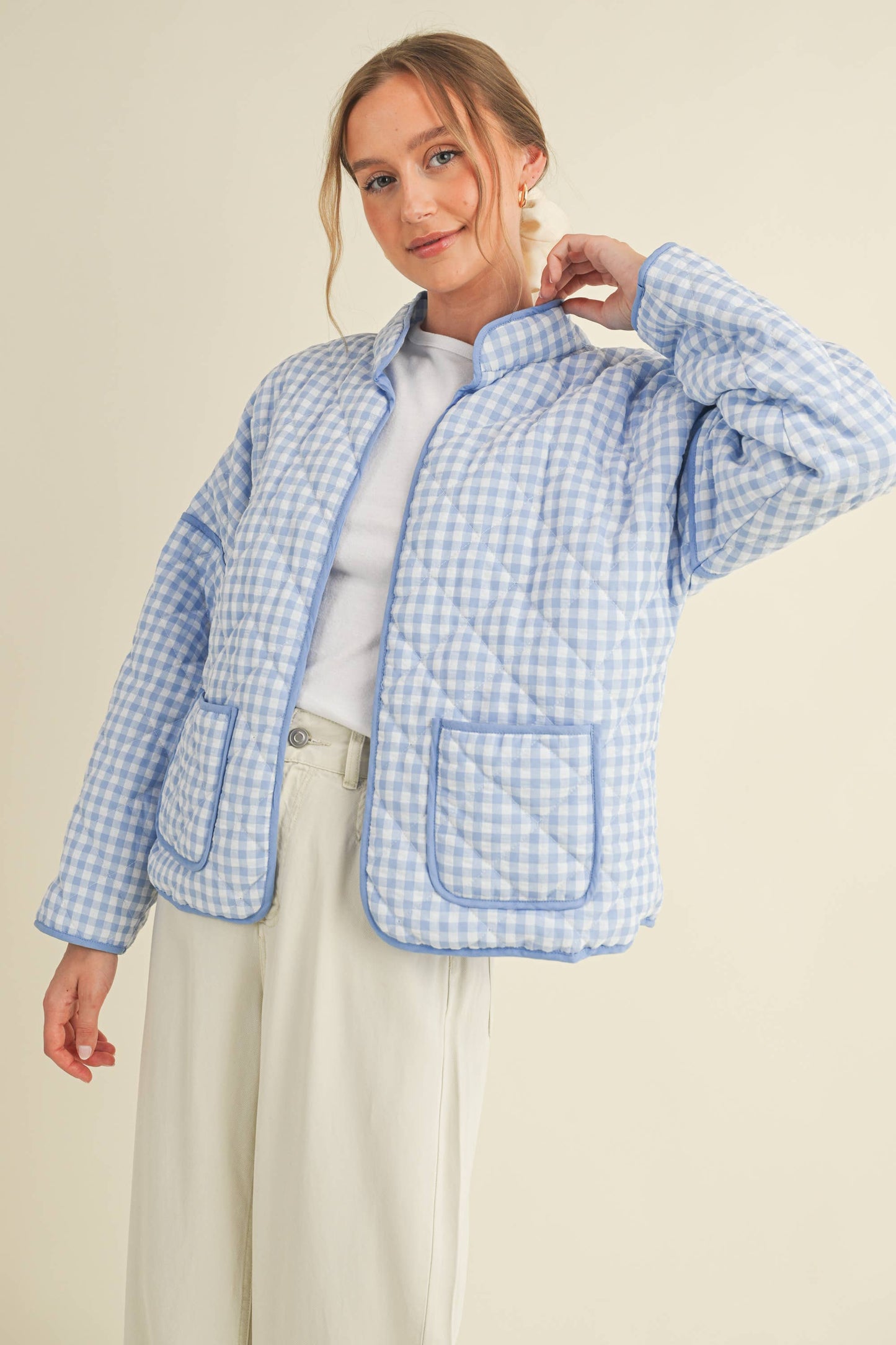 Quilted Plaid Puff Jacket - Blue