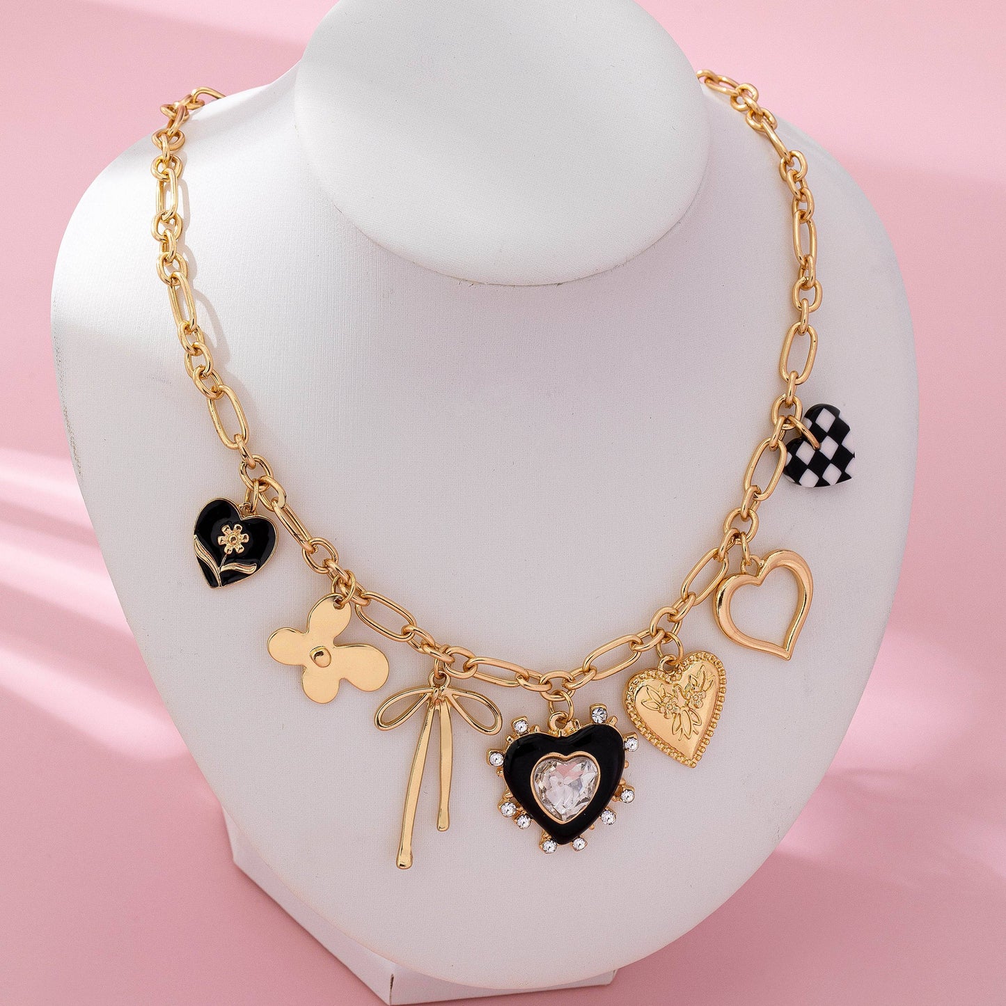 Checkered Hearts & Bows Charm Necklace