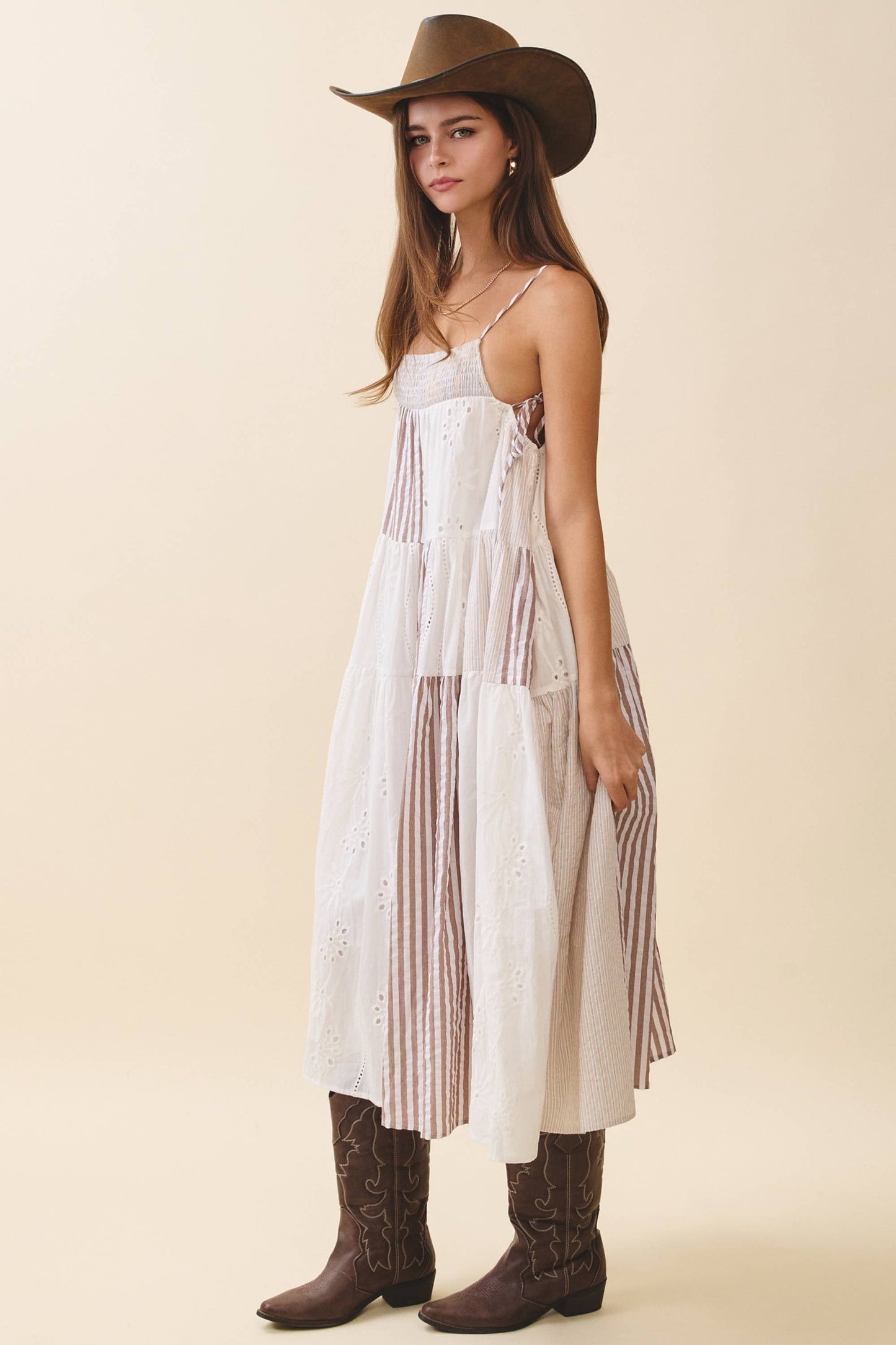 Brown Patchwork Tiered Midi Dress