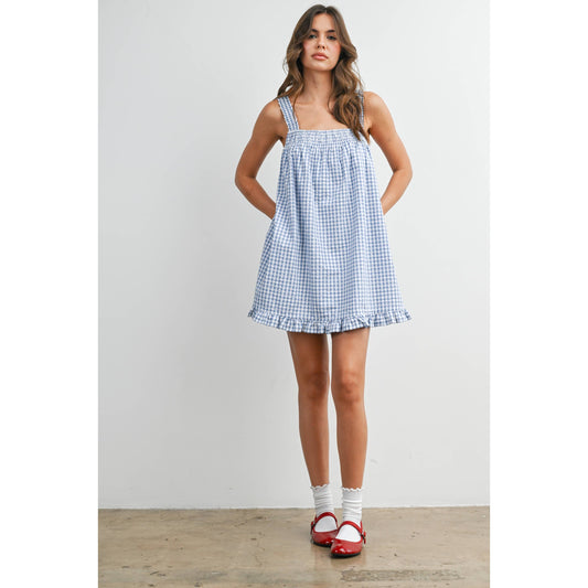 Blue Smocked Ruffle Hem Dress