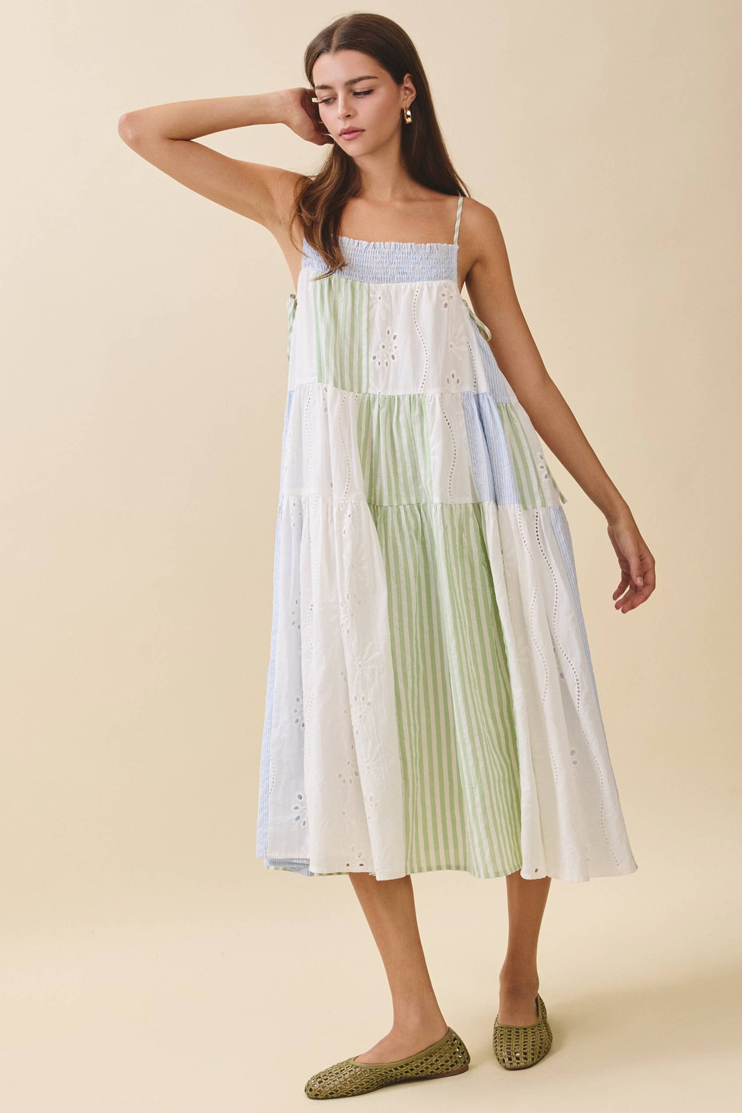 Blue Patchwork Tiered Midi Dress