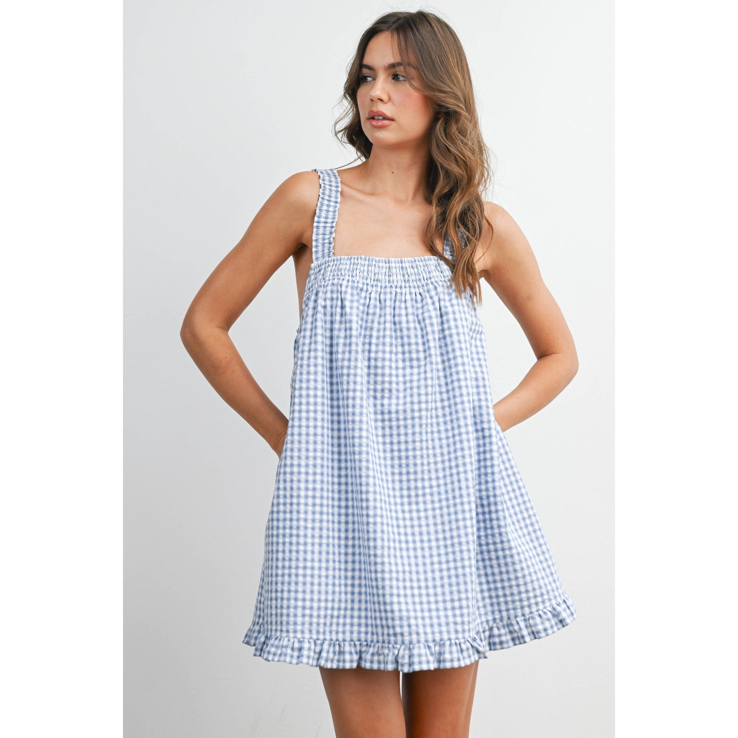 Blue Smocked Ruffle Hem Dress