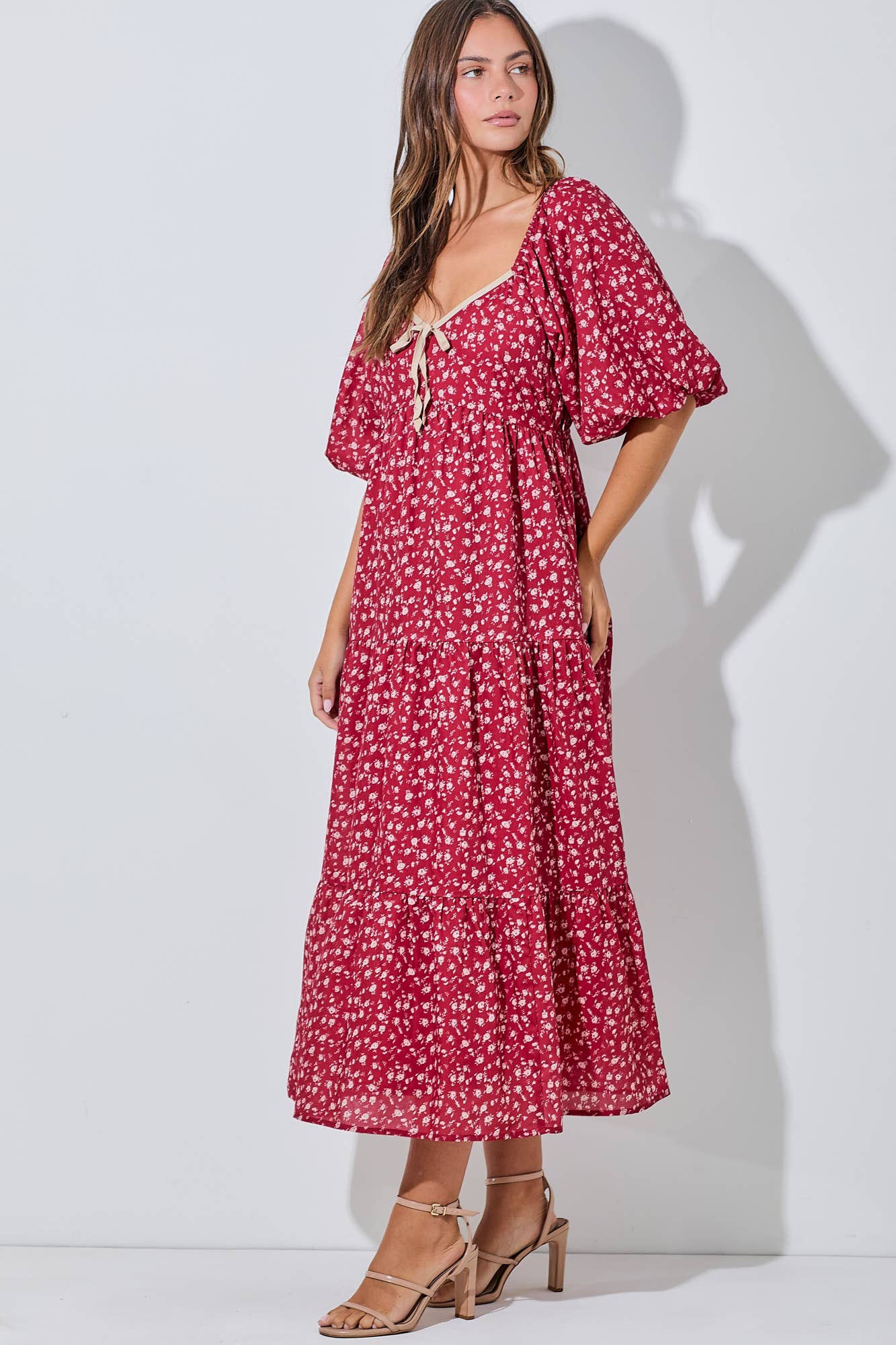 Flower Bubble Sleeve Midi Dress