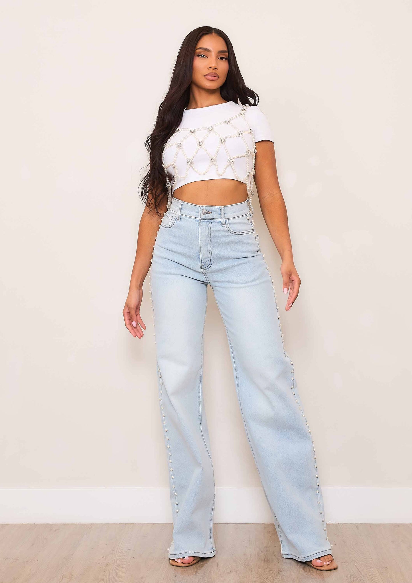 Pearl Stud High Rise Wide Jeans