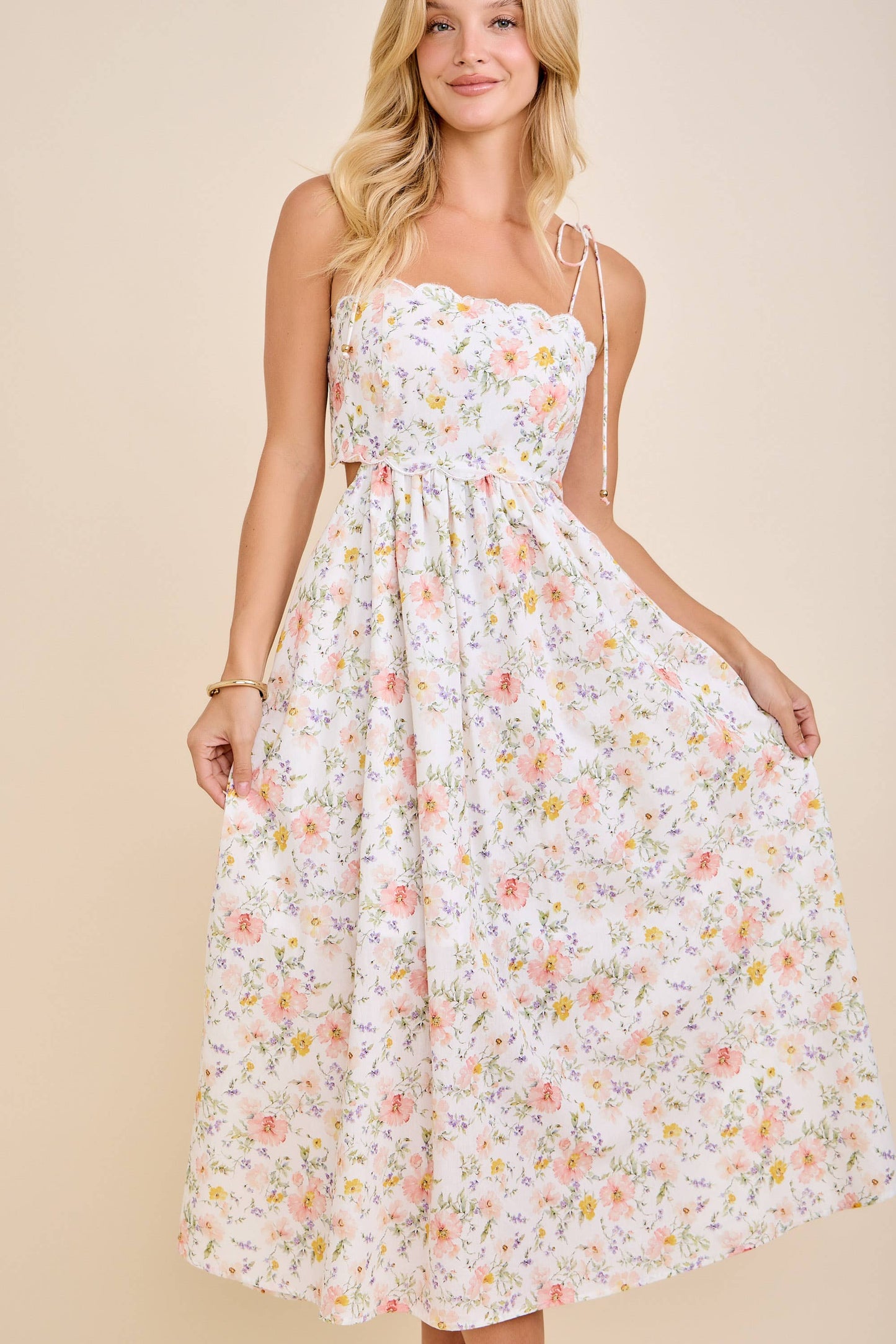 Scallop Edge Floral Midi Dress