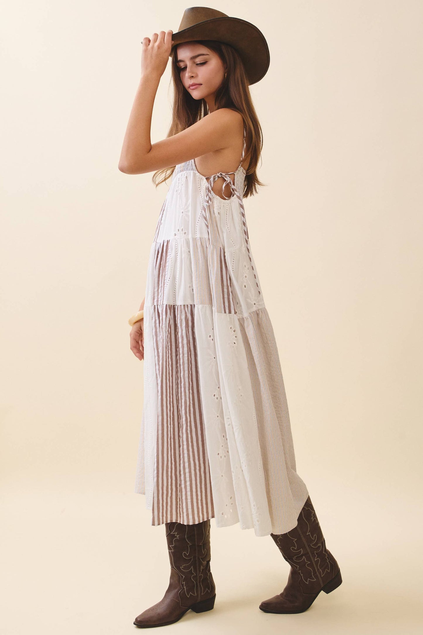 Brown Patchwork Tiered Midi Dress