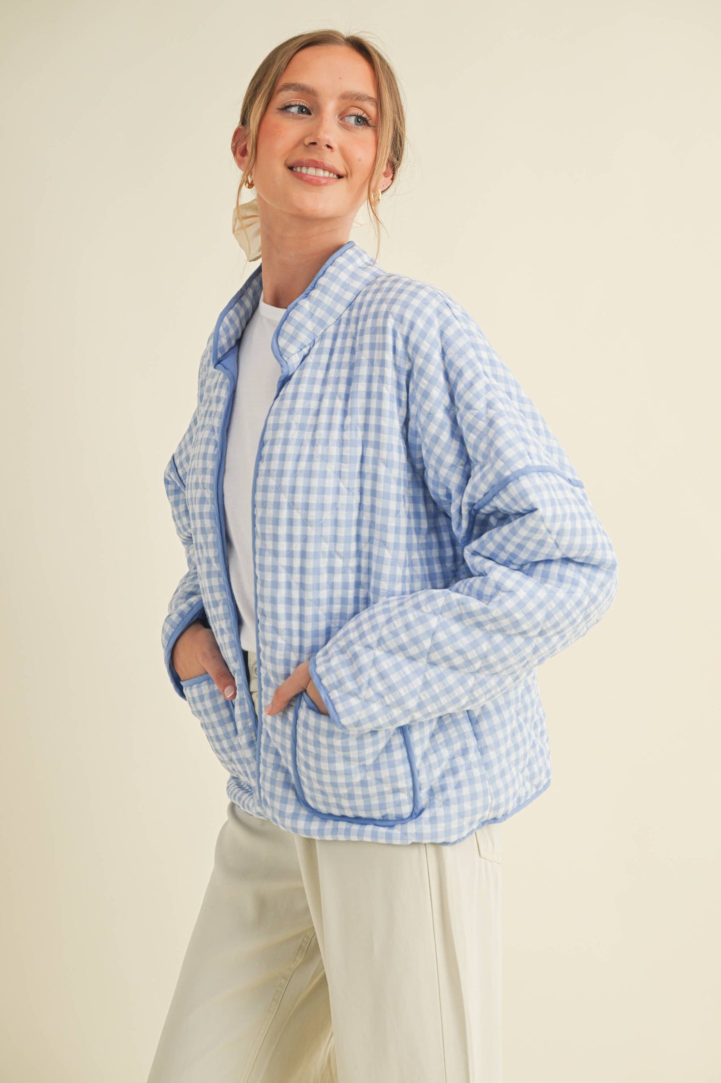 Quilted Plaid Puff Jacket - Blue