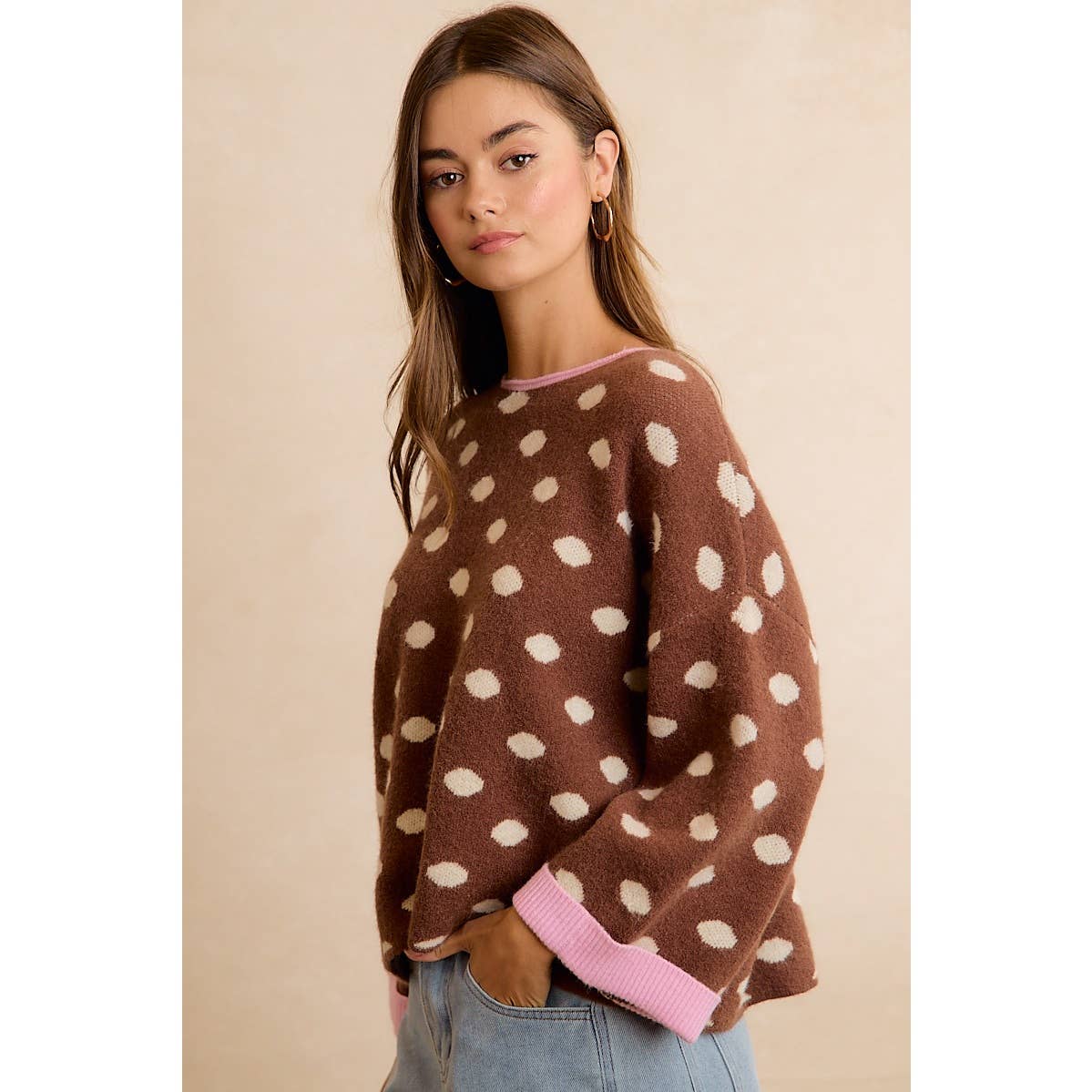 Brown Polka Dot Rolled Sweater