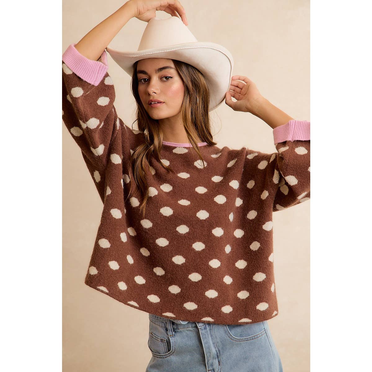Brown Polka Dot Rolled Sweater