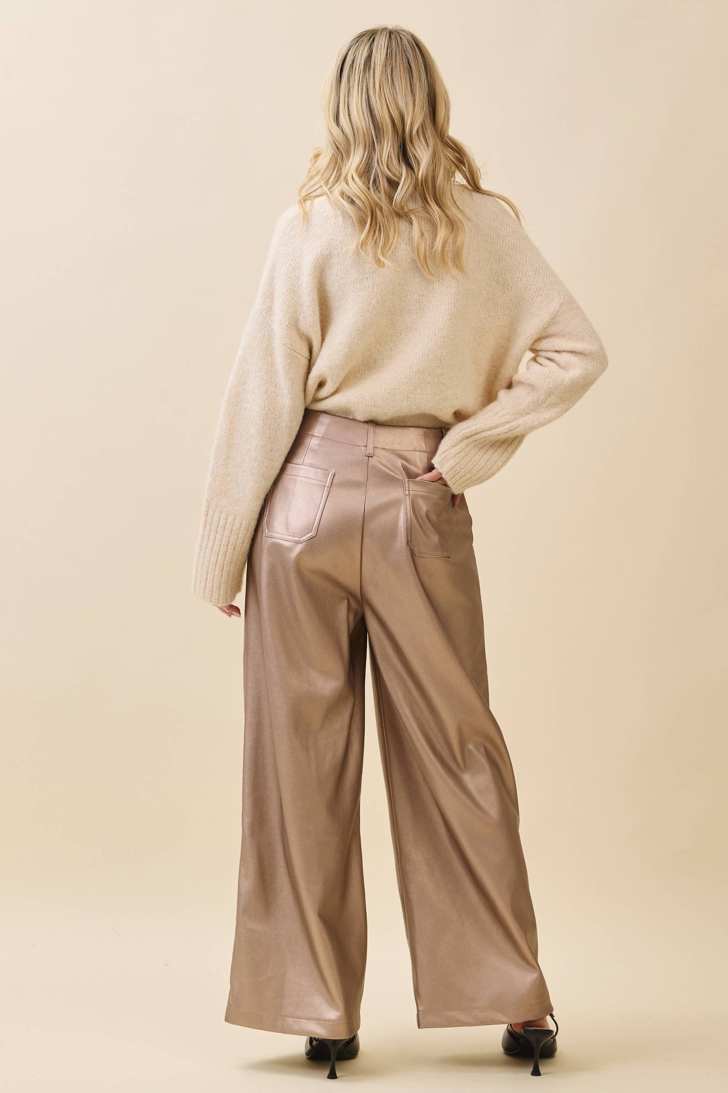 Metallic Wide-Leg Faux Leather Pants