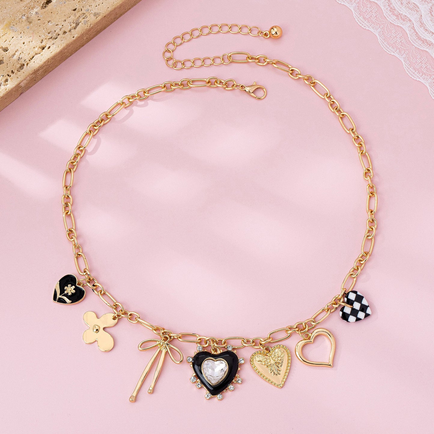 Checkered Hearts & Bows Charm Necklace