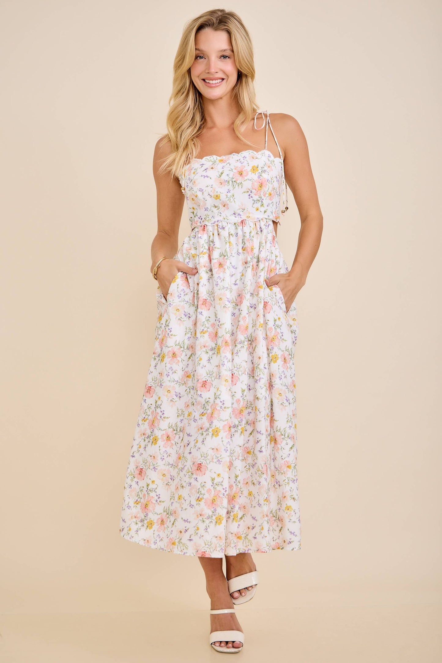 Scallop Edge Floral Midi Dress
