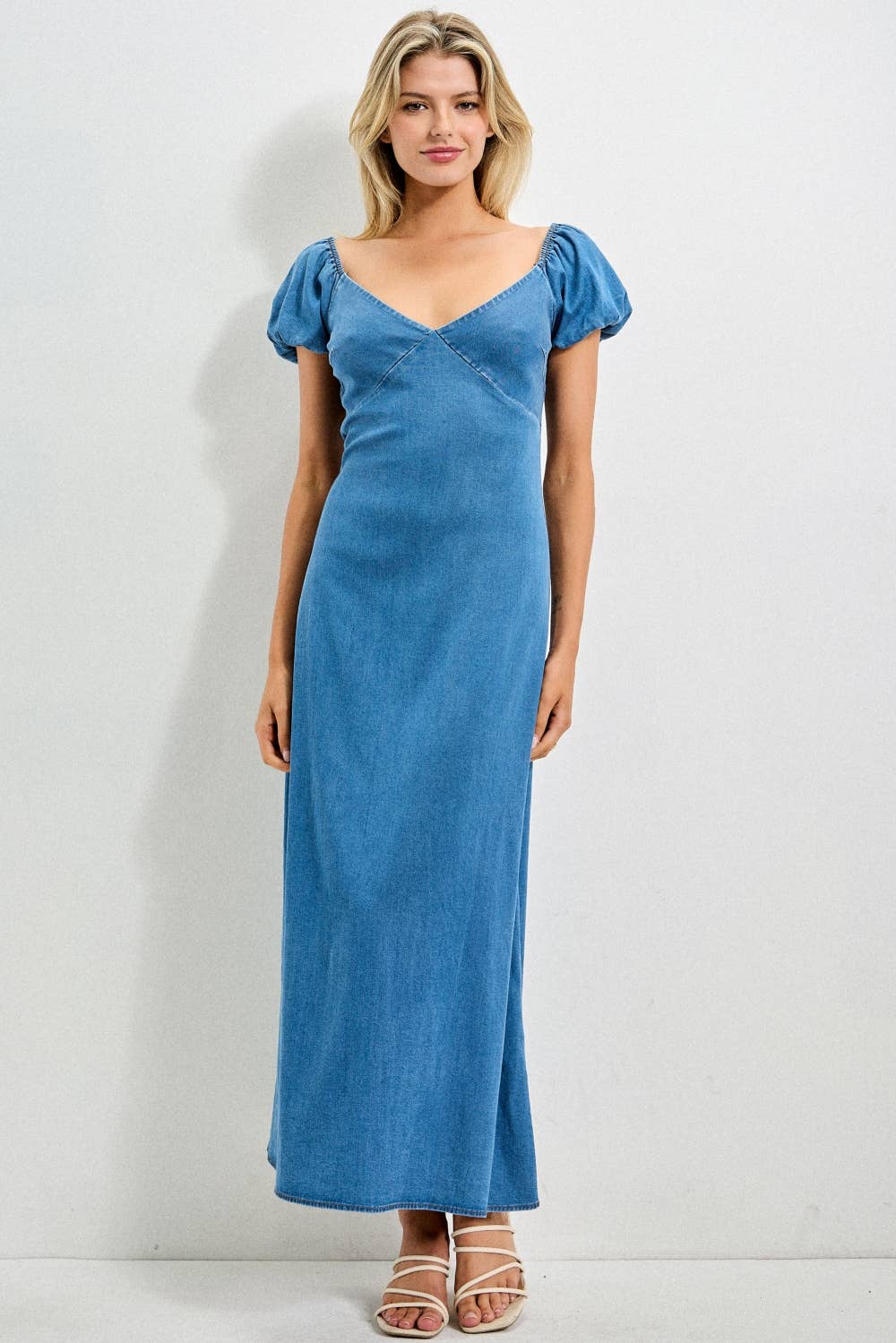 Denim Puff Sleeve Midi Dress