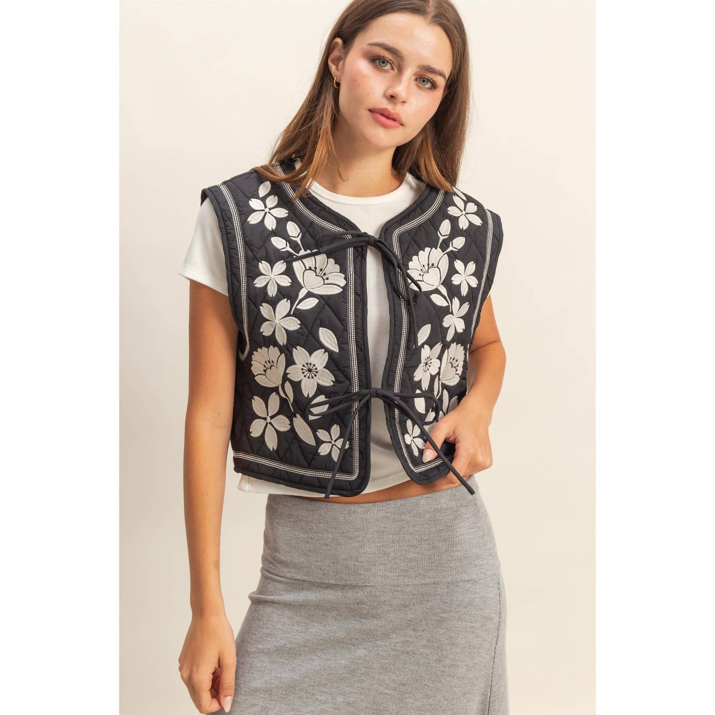 Black Embroidered Quilted Vest