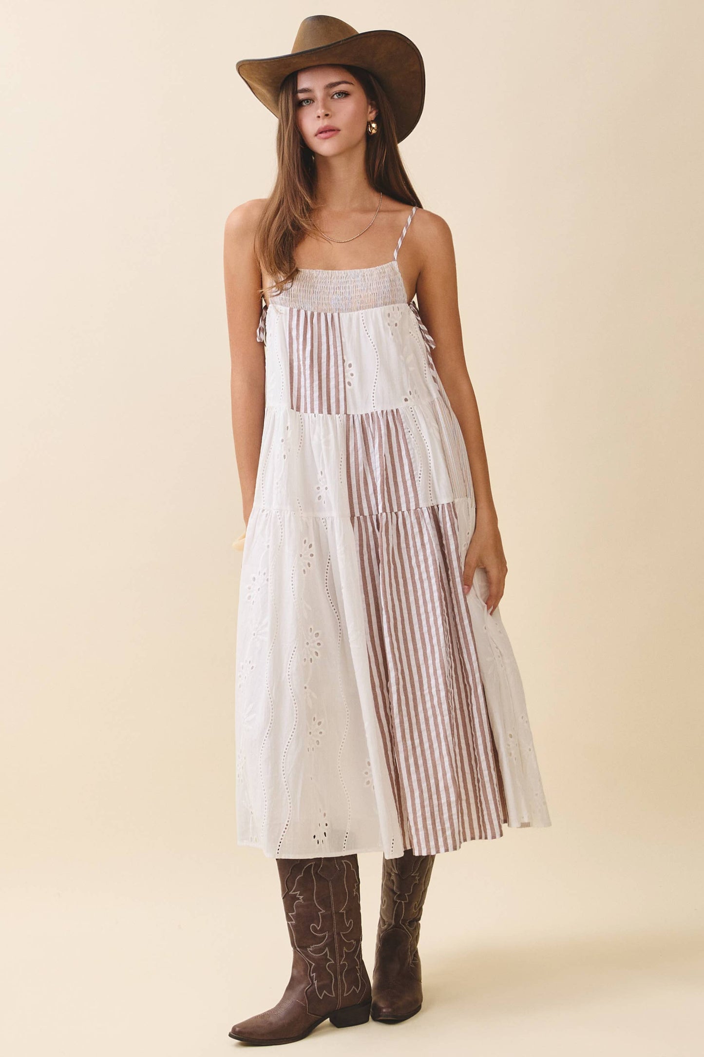 Brown Patchwork Tiered Midi Dress
