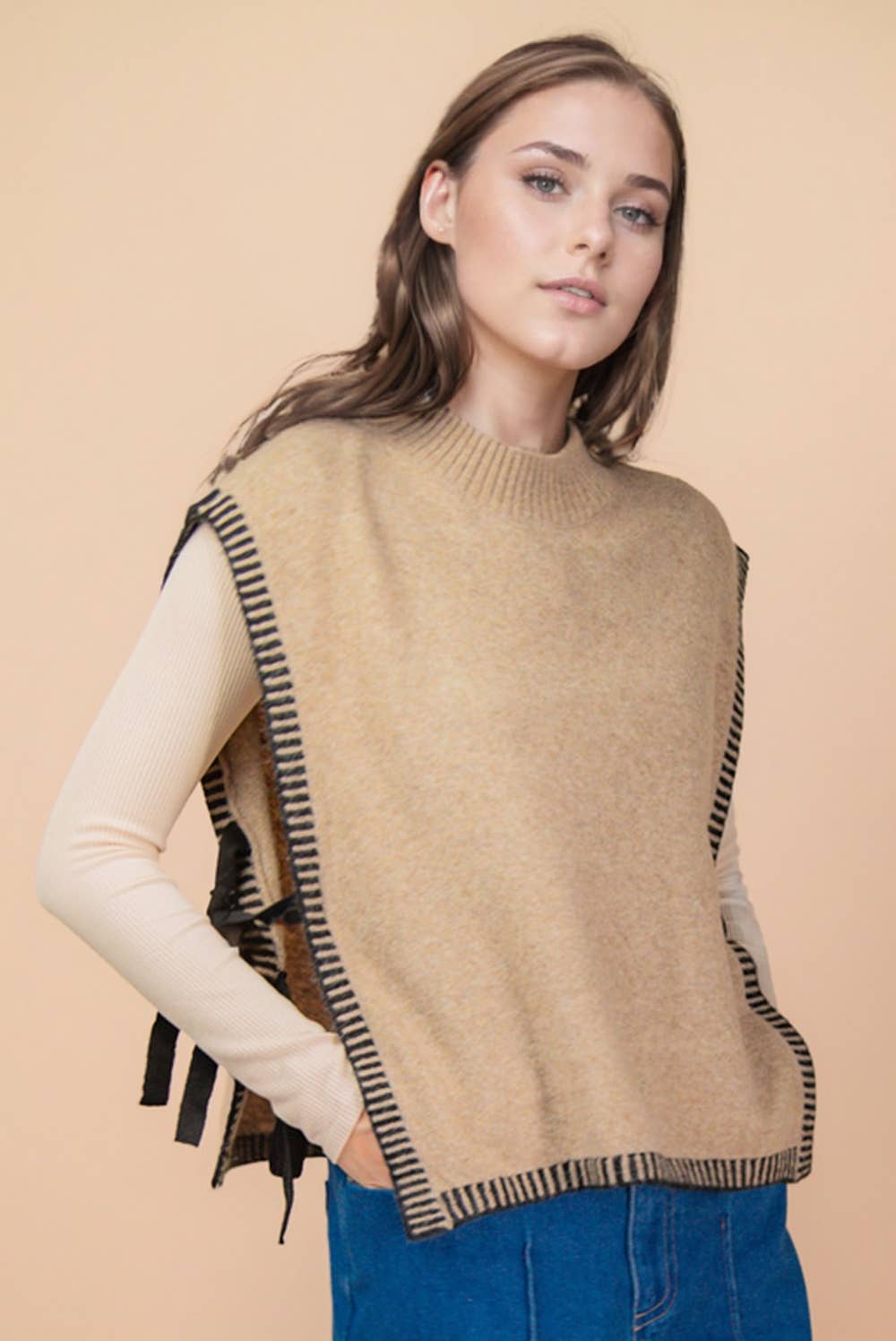 Side Tie Knit Sweater Vest - MOCHA