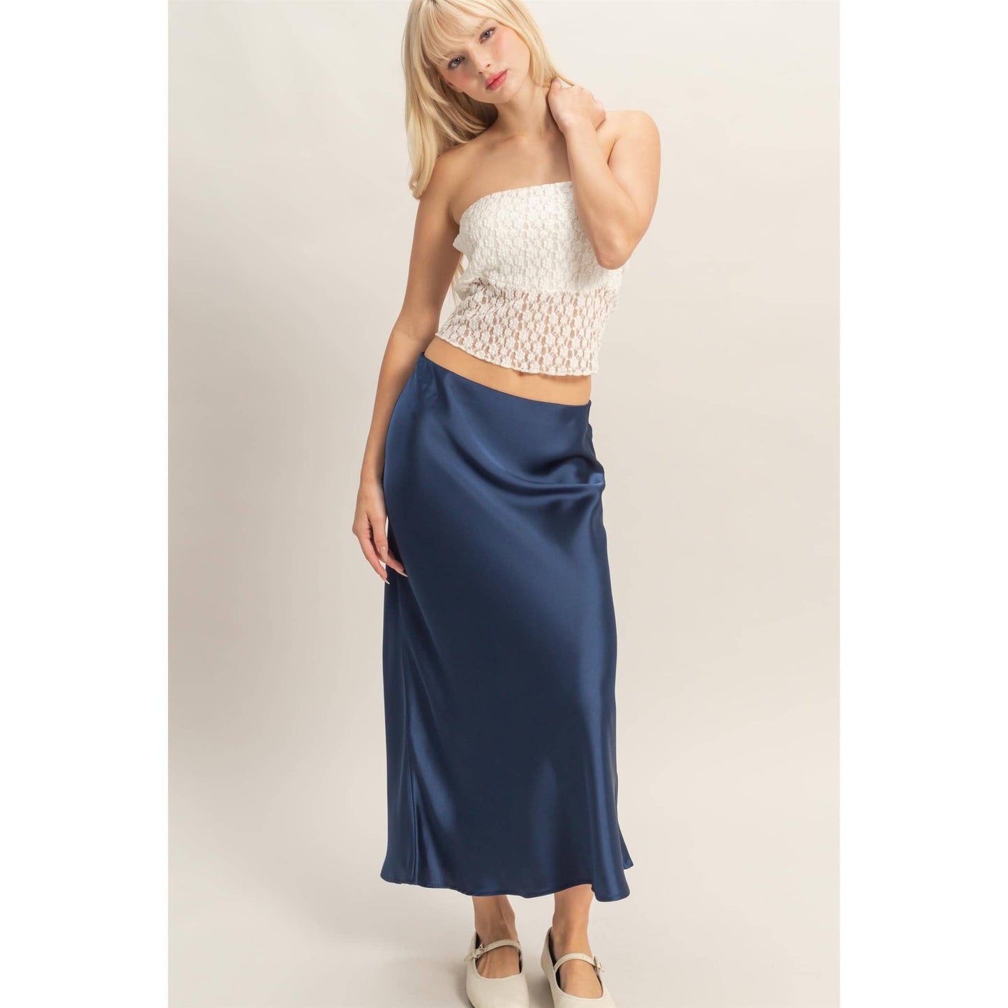 Satin Midi Skirt - NAVY