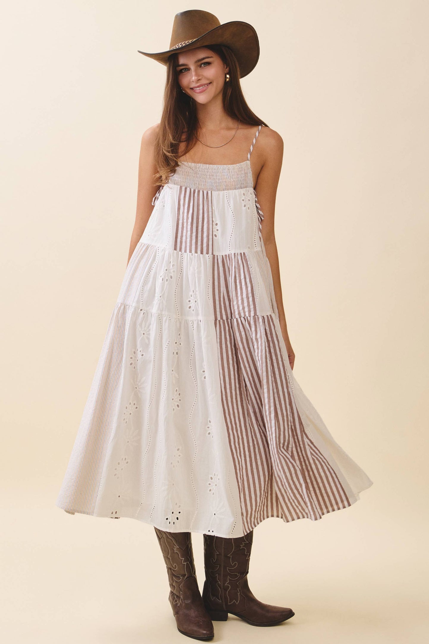 Brown Patchwork Tiered Midi Dress