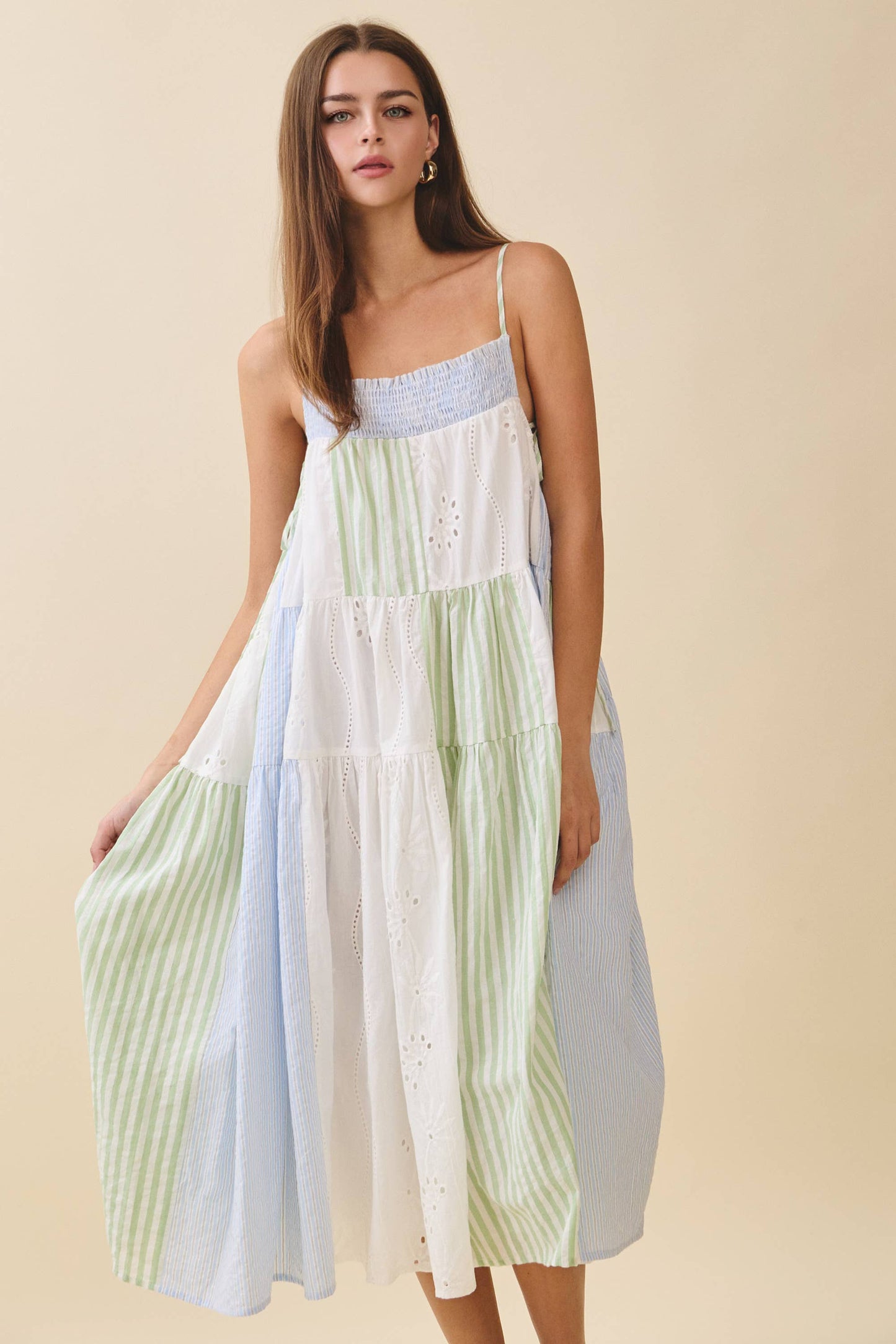 Blue Patchwork Tiered Midi Dress