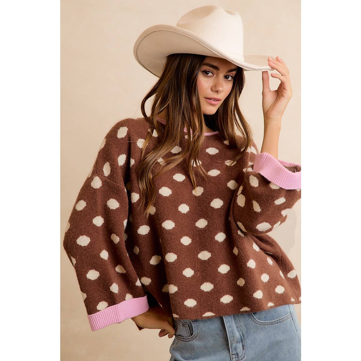 Brown Polka Dot Rolled Sweater